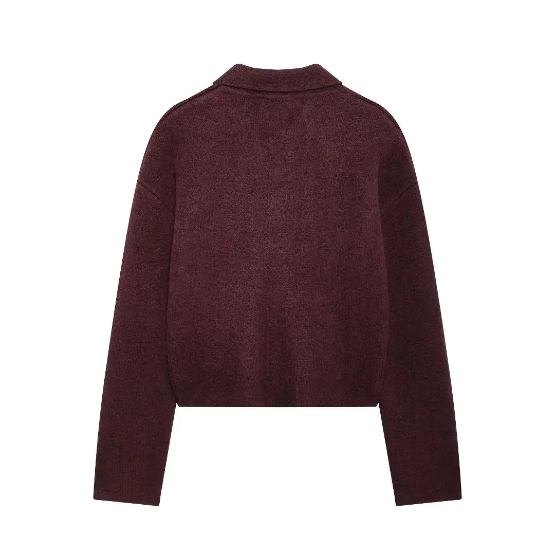 Женская винтажная трикотажная куртка TRAFZA бордовая на молнии с отложным