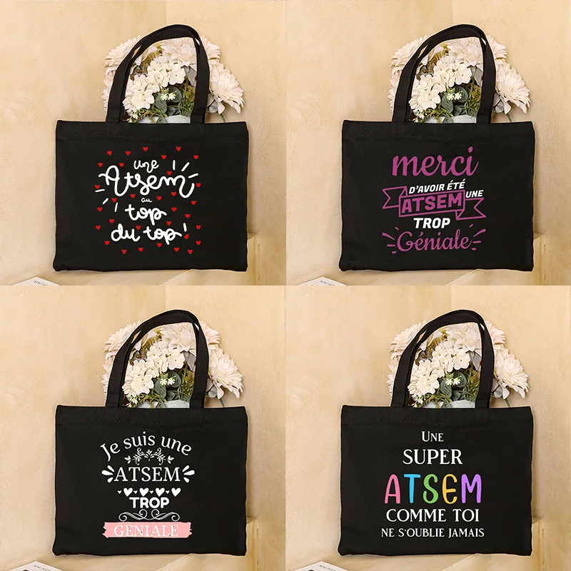 Merci Atsem Printed Women Shoulder Bag Canvas Shopping Bags Female Handbags Reusable Tote Graduation Thanks Gifts for Teacher