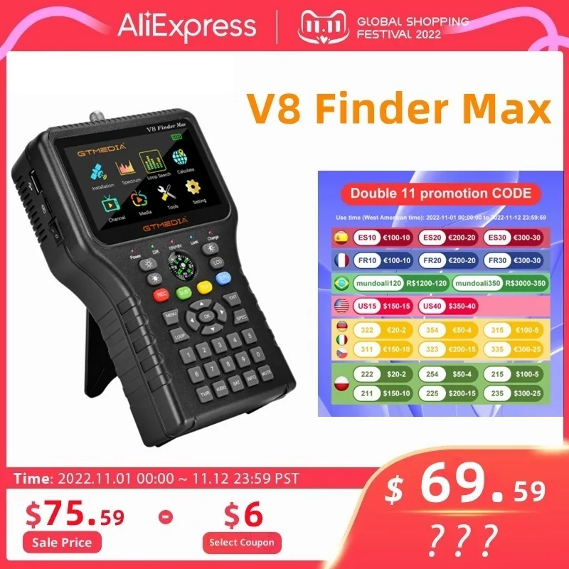 

Top V8 Finder Max Спутниковый прибор для обнаружения спутниковых сигналов DVB-S/S2/S2X H.264/H.265 (8 бит), 4,3 дюймов, HD, официальные аксессуары