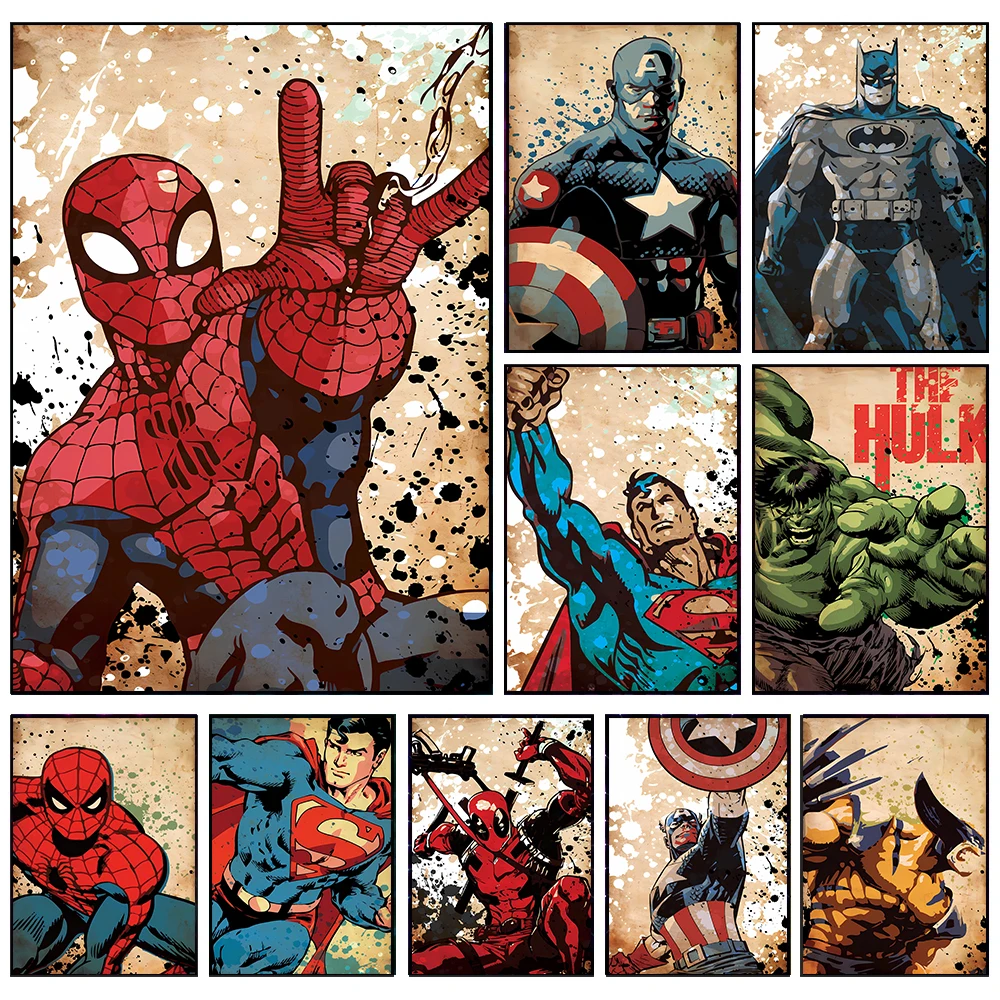 Фото Постер Marvel на холсте: Человек-паук, Железный человек, Бэтмен, Халк. Современный декор для дома без рамы. №1