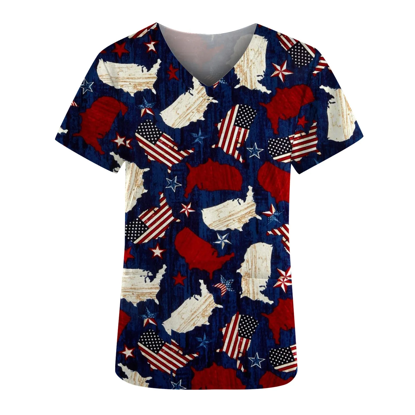 

Independence Day Women Nursing Uniform Scrubs Top Short Sleeve Festival Printed Top V Neck Cllinic Shirts Pet Grooming Workwear