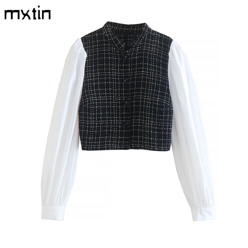 

Женская твидовая Блузка в клетку, винтажная однобортная укороченная блузка составного кроя с круглым вырезом и длинным рукавом, повседневн...