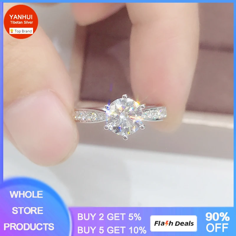 

Fine Original Real Tibetan Silver Ring Round 1 Carat Cubic Zirconia Rings Fashion Wedding Accessories Gift Jewelry for Women R11