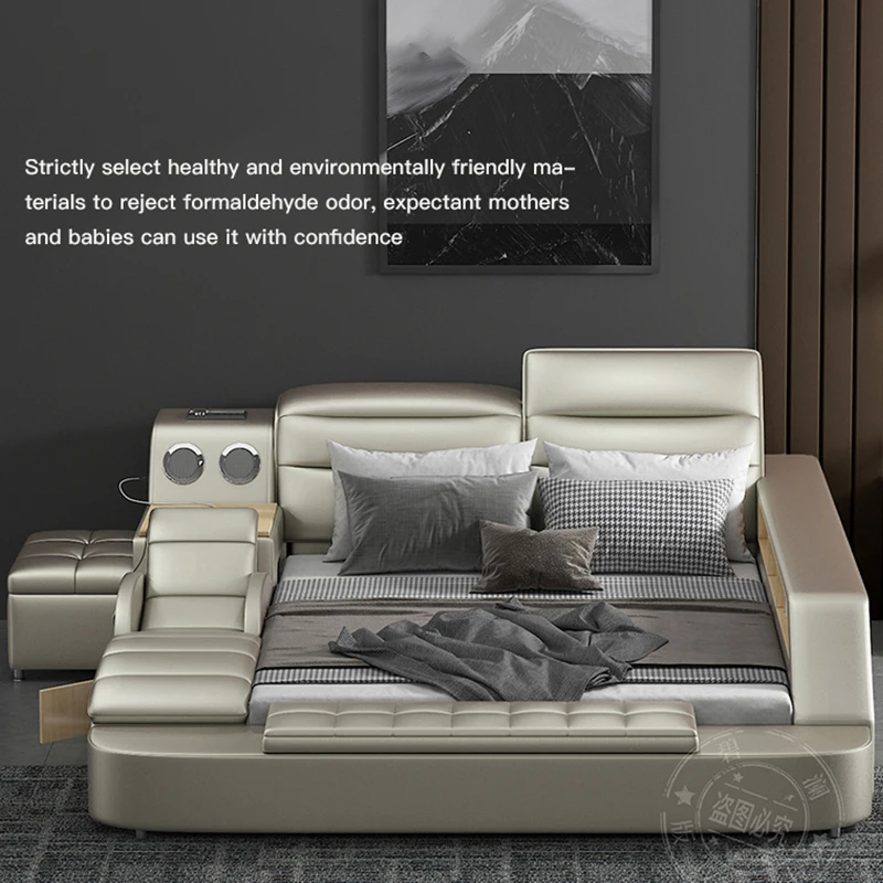 Leather Multifunctional Massage Bed Frame Modern Camas Smart Bed With Storage  Led Light Bluetooth Speaker Bedroom Furniture