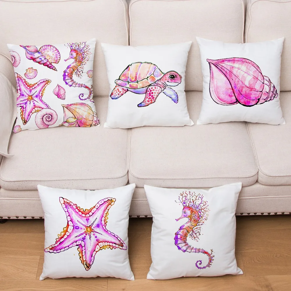 

Super Soft Short Plush Cushion Cover Pink Mermaid Shell Seahorse Print Pillow Covers Throw Pillows Cases Home Decor Pillowcase