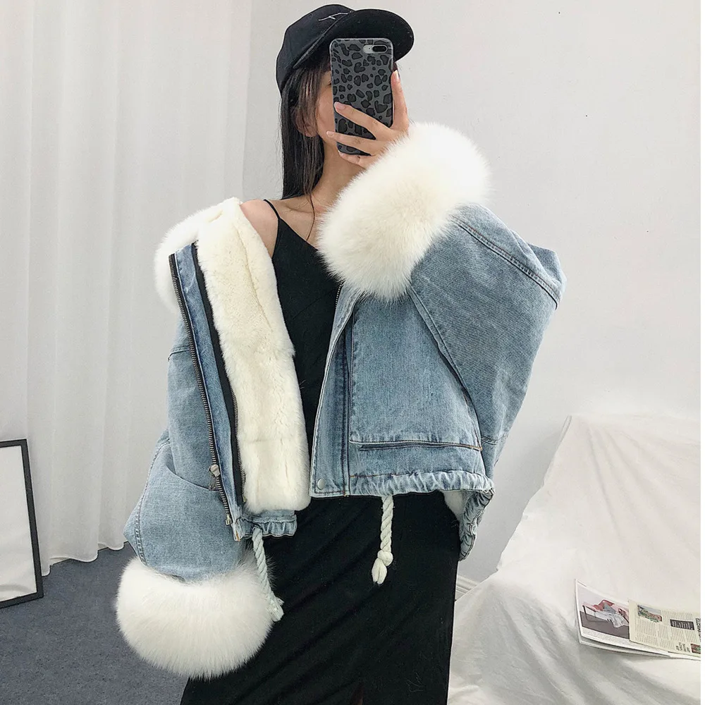 

Denim Jacket Women Oversize 2022 Autumn Winter Warm Detachable Faux Fur Coats Winterwear Loose Wool Collar Jean Jackets Ladies