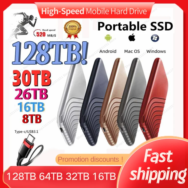 New 128tb Original High-speed Portable SSD 2TB External Hard Drive Storage Type-C USB 3.1 Interface for PC Laptops Computer Mac