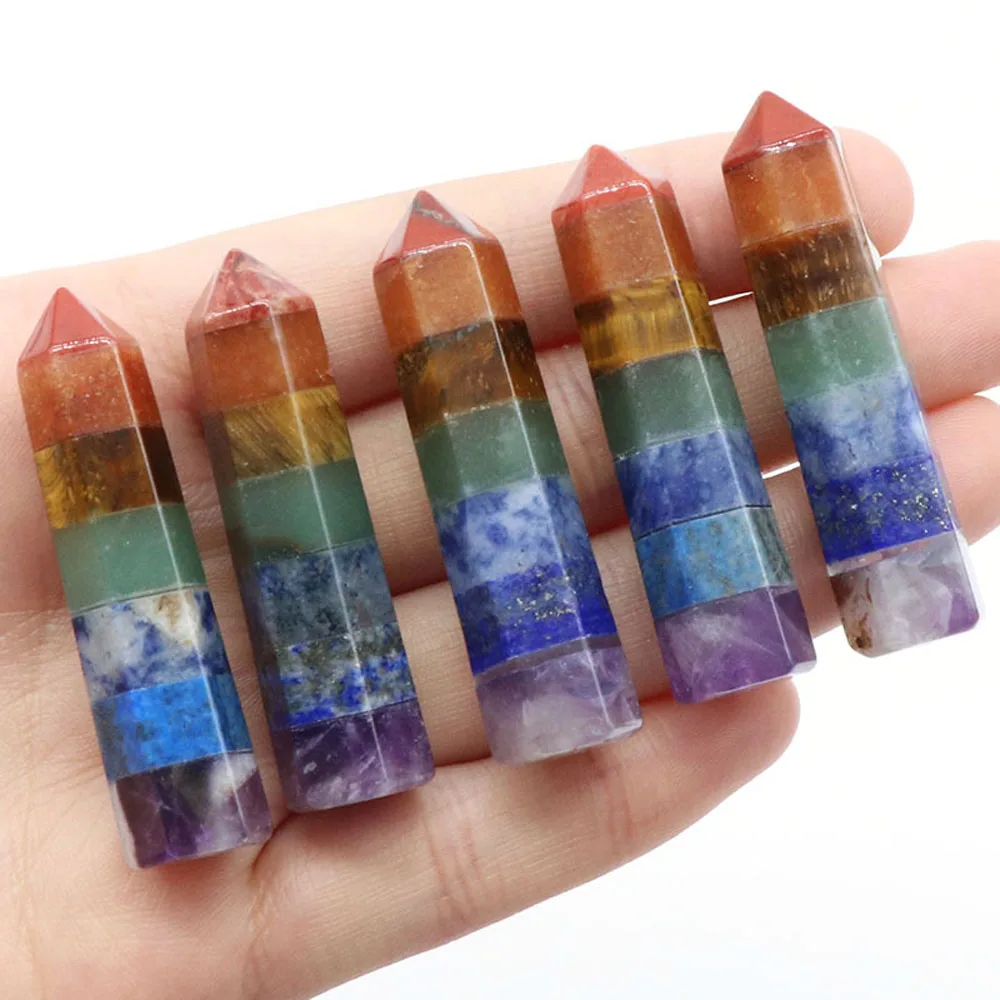 

7 Chakras Natural Stone Point Carved Decoration Polishing Rock Quartz Yoga Energy Stones Hexagonal Column Ornament Home Decor
