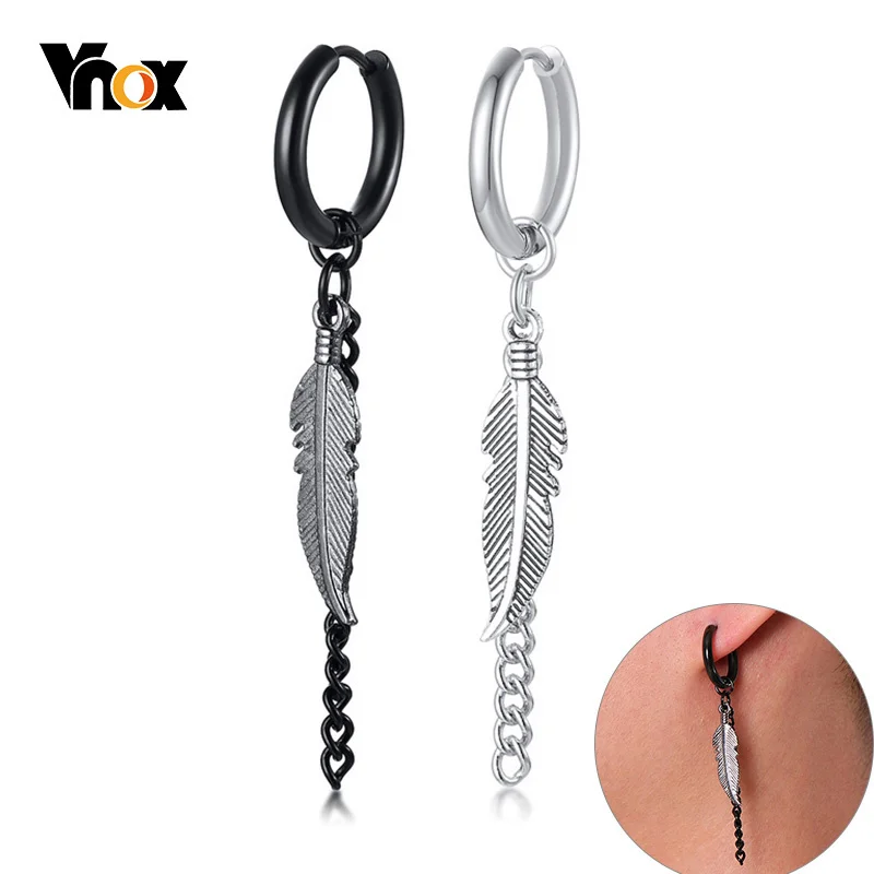 Vnox 1 Piece Feather Dangle Earrings for Women Men Stainless Steel Link Chain Drop Punk Ear Accessory