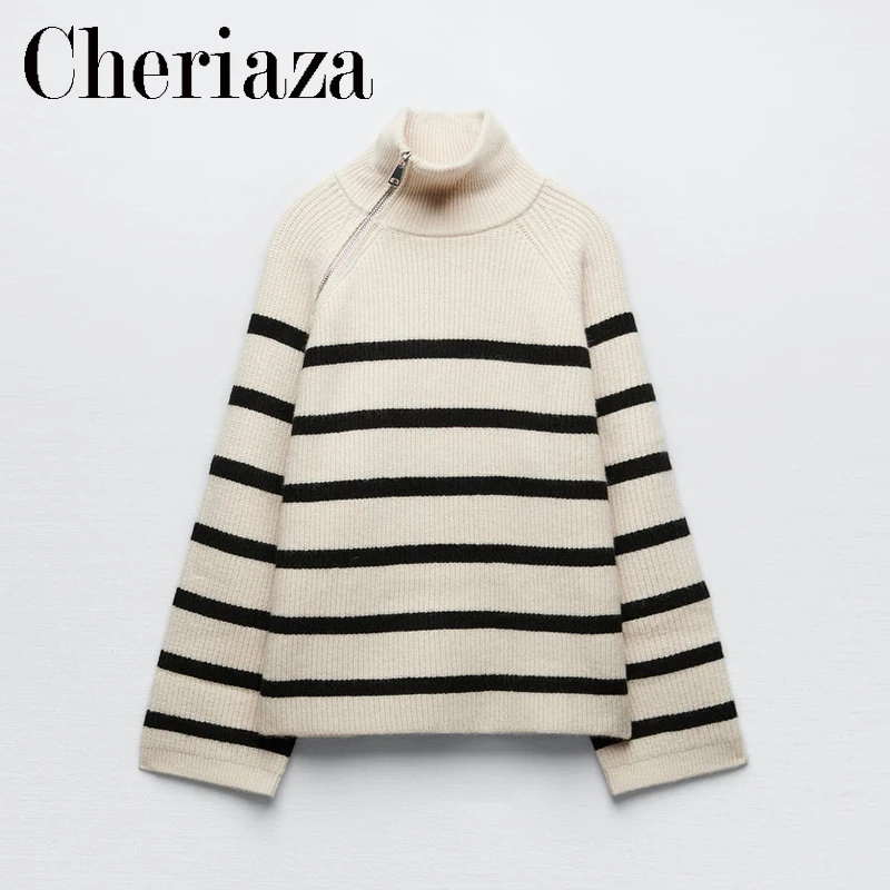 

Cheriaza Autumn Winter Woman Zipped Striped Jumper Casual Loose Long Sleeves Pullover Knitted Sweater Stand-up Collar Sweaters