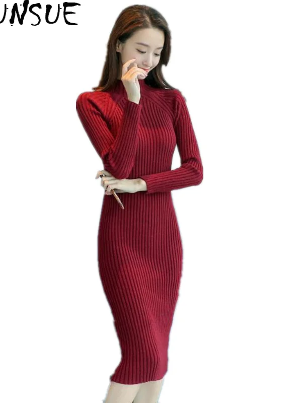 

Knitted Women Sweater Dress Elegant Long Sleeve Autumn Winter Dress Tight Bodycon Dress Korean Vestidos Mujer KJ4269