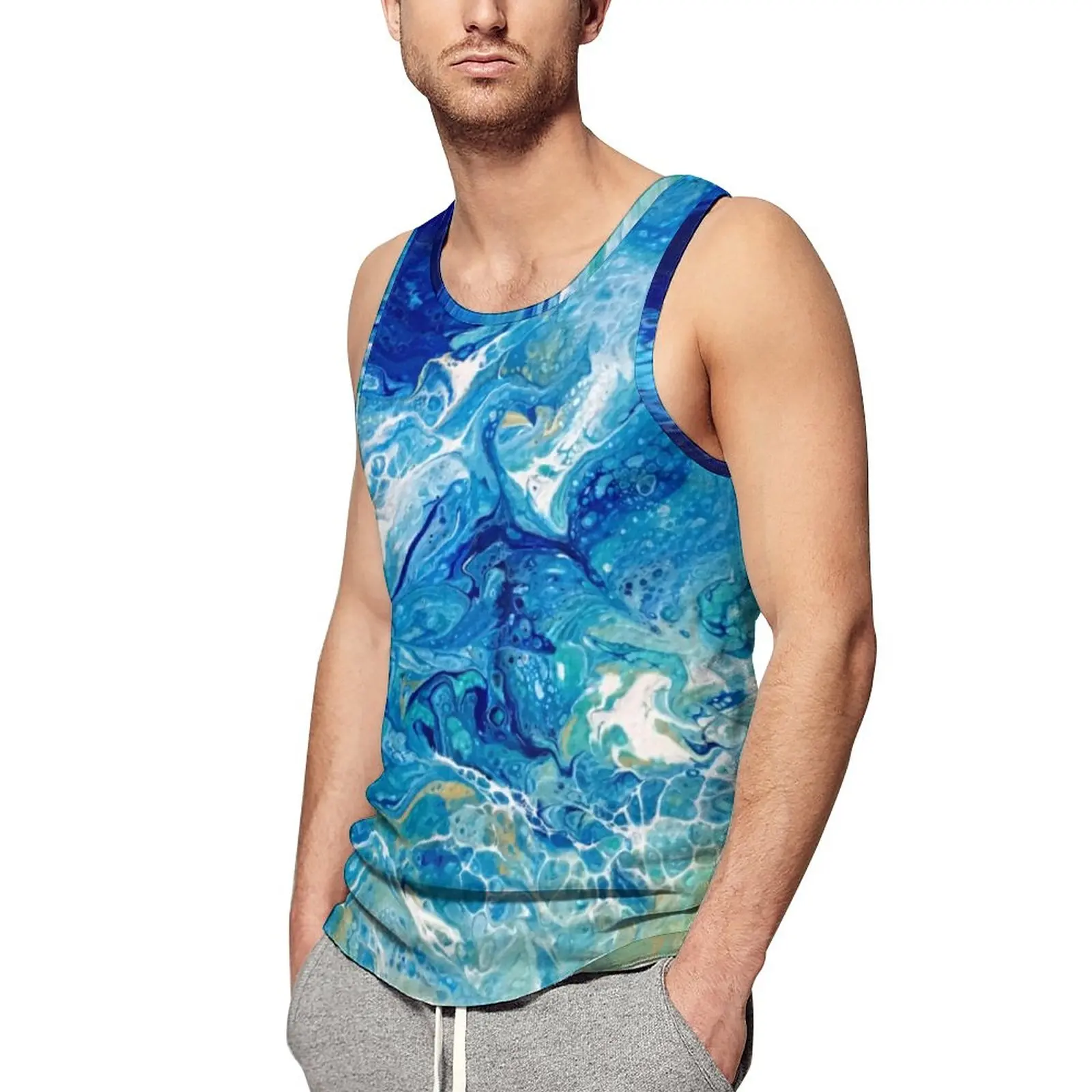 

Beach Print Daily Tank Top Seaside Abstract Art Workout Tops Men Custom Vintage Sleeveless Shirts Plus Size