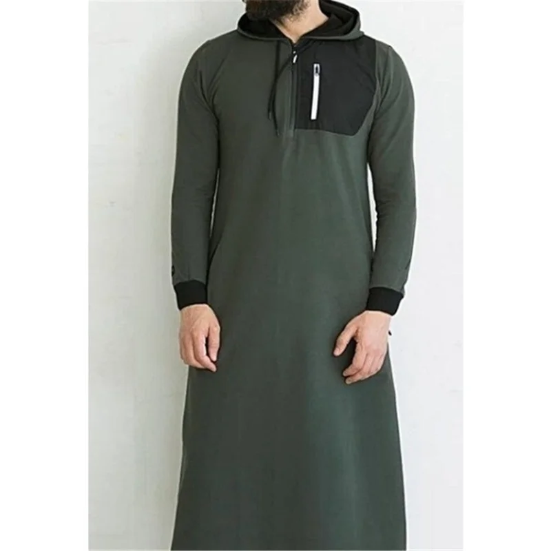 

Arabic Fashion Men Long Sleeve Shirt Muslin Style Zipper Patchwork Solid Color Loose Pullover Hooded Collar Spring Men Top 2022