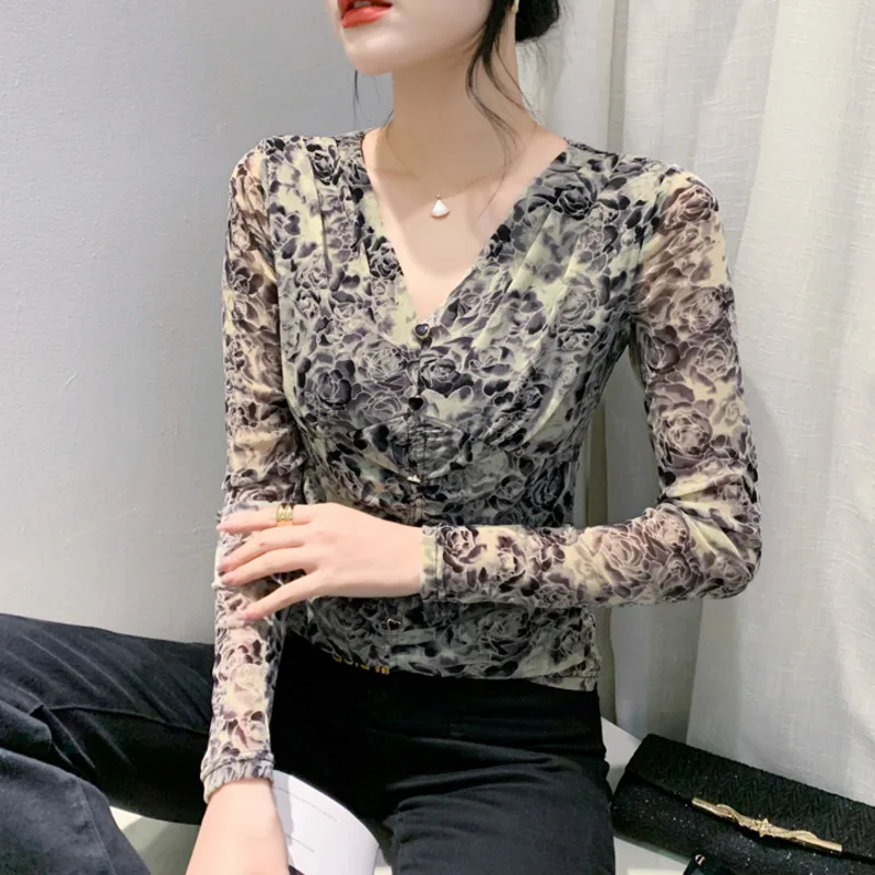 

#8677 Tie Dye Flower Printed Mesh T Shirt Women V-neck Tight Short Vintage Office T-shirt Femme Retro Women's T-shirt Elastic