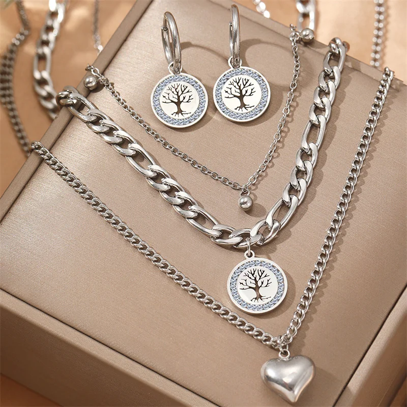 316L Stainless Steel Multi-layer Chain Love Tree Of Life Pendant Necklace Earring Women's Jewelry Set