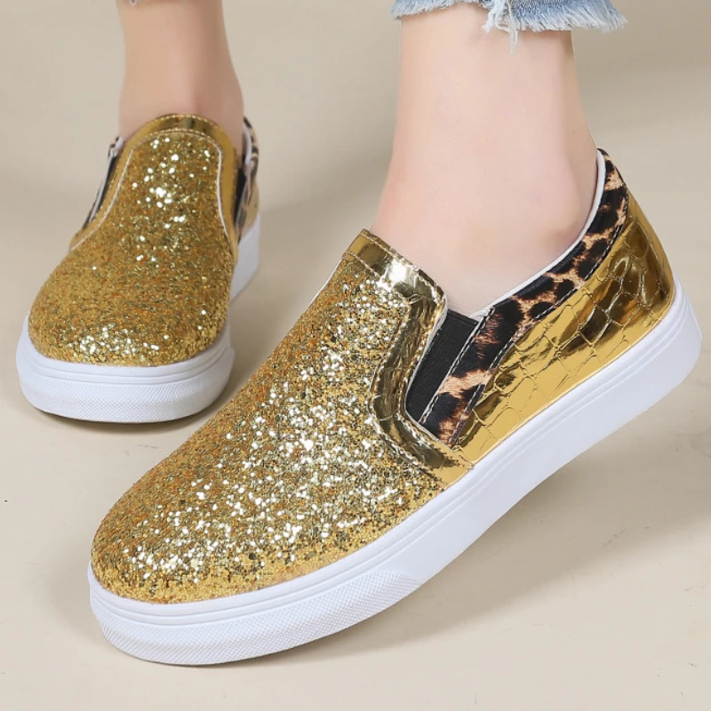 

женская обувь весна туфли на плоской подошве Женские кроссовки с блестками, весенняя обувь большого размера на плоской подошве с леопардовым принтом и круглым носком, легкие лоферы для отдыха, женская обувь