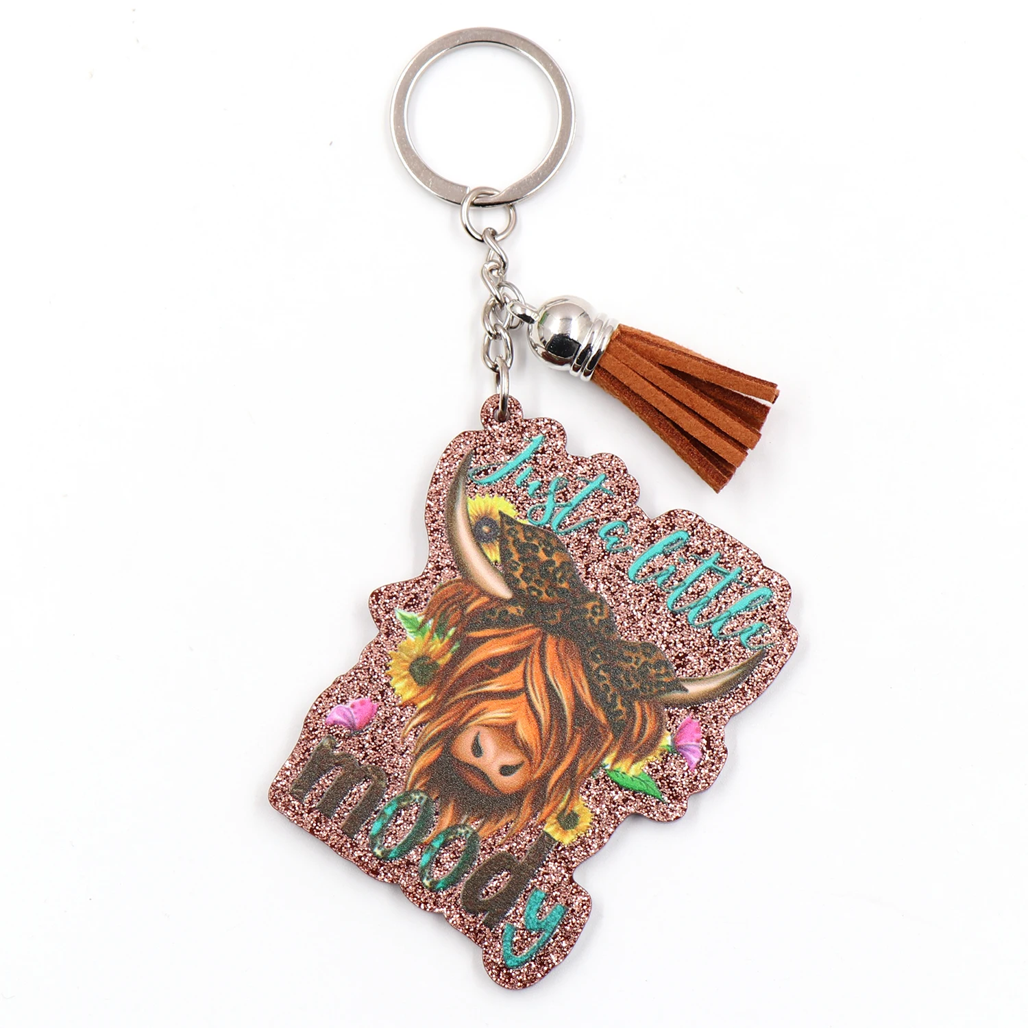 1piece New product CN Just a little moody Keychain, western cow TRENDY glitter Acrylic Keychain