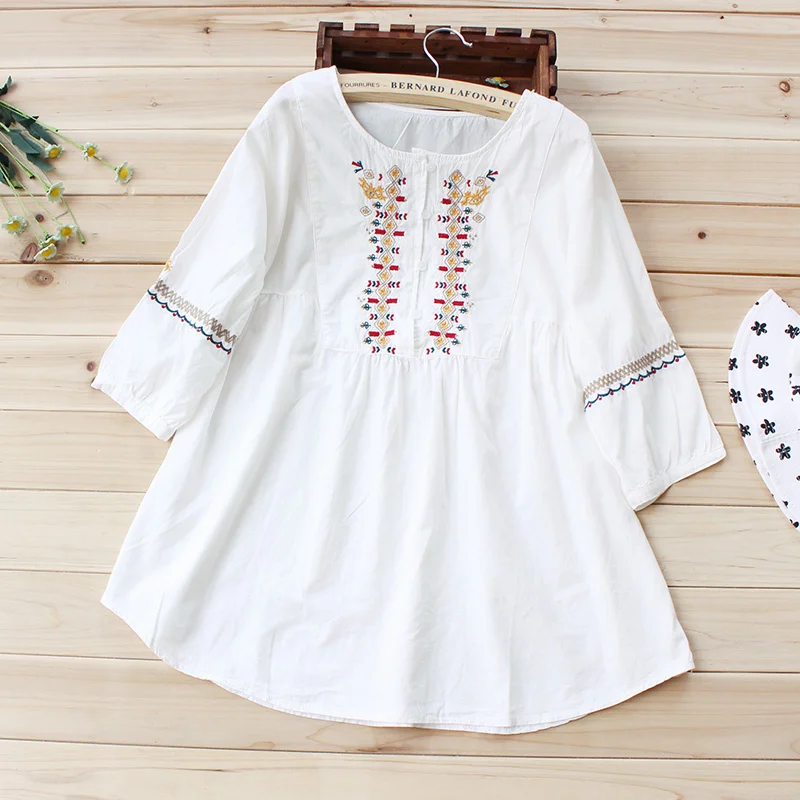 

Японская Милая Этническая рубашка с рукавом три четверти, женские весенние хлопковые белые свободные рубашки в стиле девушки Мори, шикарная блузка