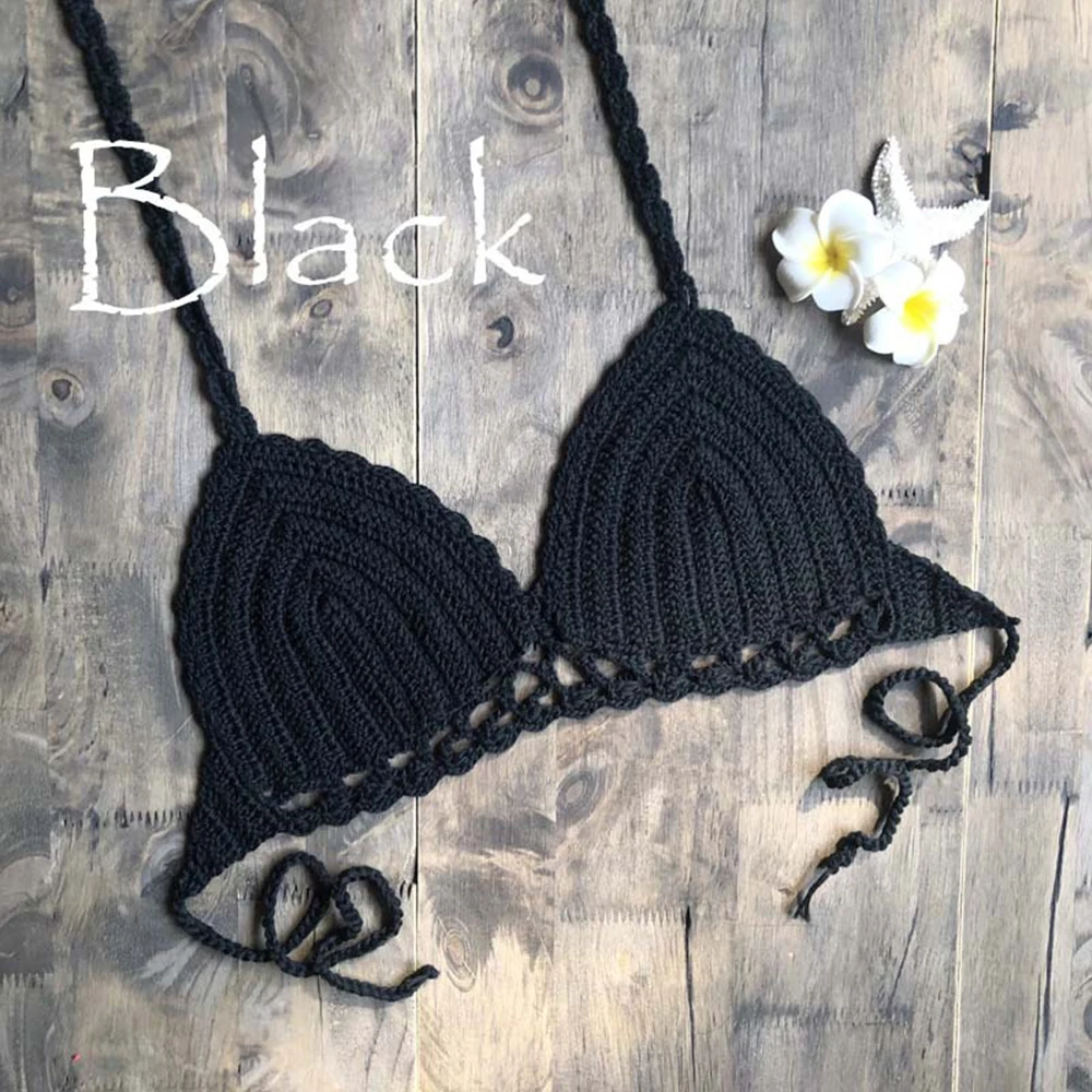 

Women Bikini Handmade Crochet Bra Casual Beachwear Knitted Tops Swimming Bohemian Beach Bralette Solid Halter