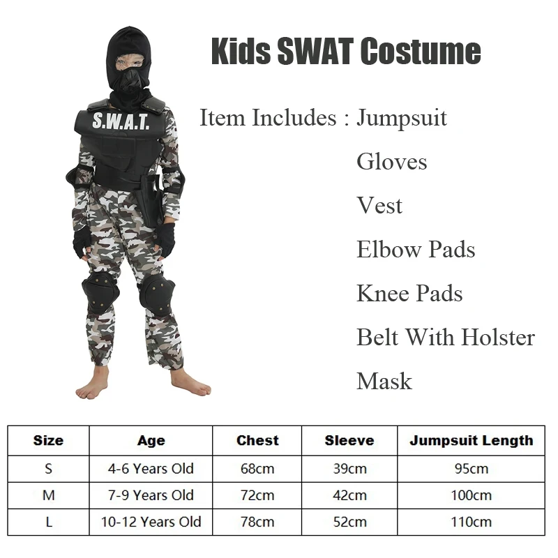 Костюм COSKids SWAT для мальчиков на Хэллоуин, полицейскийвоенный наряд, детский карнавальный костюм для Пурима, набор для косплея с аксессуарами (art.: 3920dbf0aea8f) - 3920dbf0aea8f