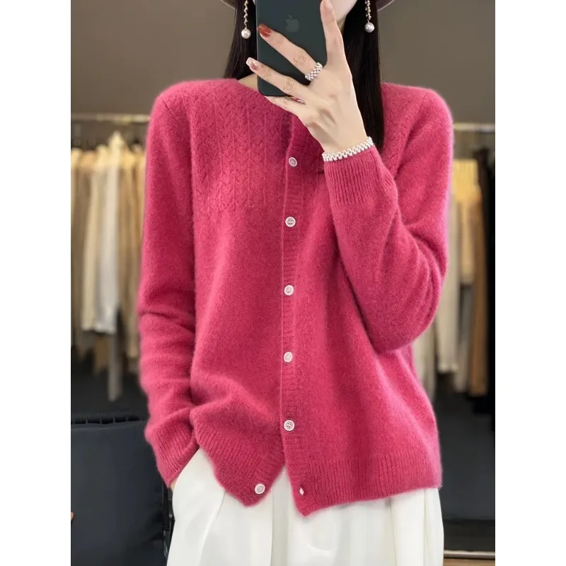 

Autumn Winter Female O-Neck Hollow Out Merino Wool Sweater Women Knitted Gingrich Cardigan Knitwear Loose Tops Traf Y2k N164