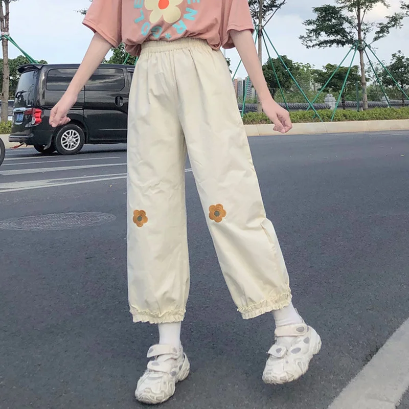 

Японские кавайные женские мягкие брюки для девочек, корейские свободные тонкие брюки с вышивкой в виде мультяшного медведя для девочек-подростков, повседневные женские милые брюки