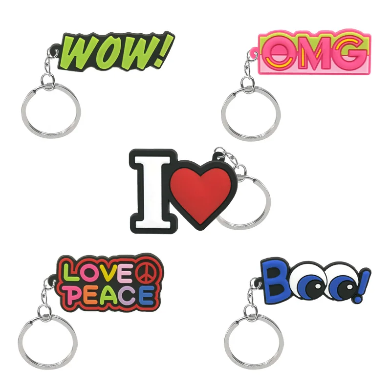 

50PCS PVC Keychain Accessories Words Series Love&Peace WoW Keyring Funny Design Keyring Cute Custom Key Chain Gadget for Man