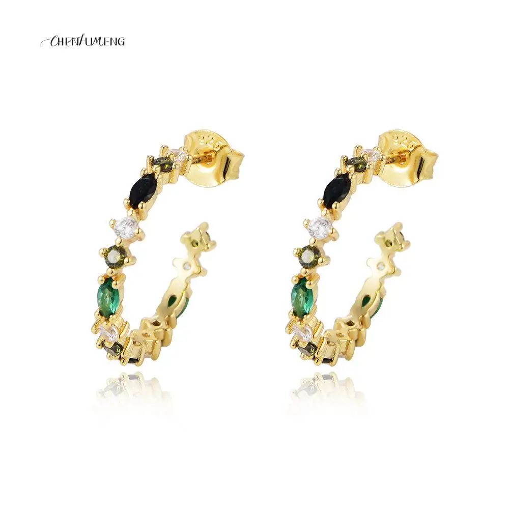 

CHENFUMENG Gold Plated S925 Sterling Silver C Shapped Oval Zircon Hoop Earrings for Woman with Box SSE3606