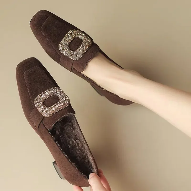 

Crystal Office Fur Shoes Women Mid Heels Chunky Elegant Shoes Suede Cotton 2024 Winter Fashion Short Plush Chelsea Boots Femme