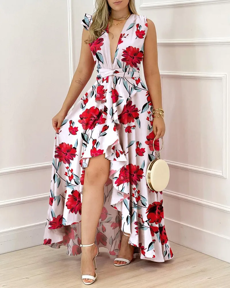 

Spring High Waist Korean Stand Collar Dress Printed Temperament Skirts Inside Commuter Chiffon Suspender Dress