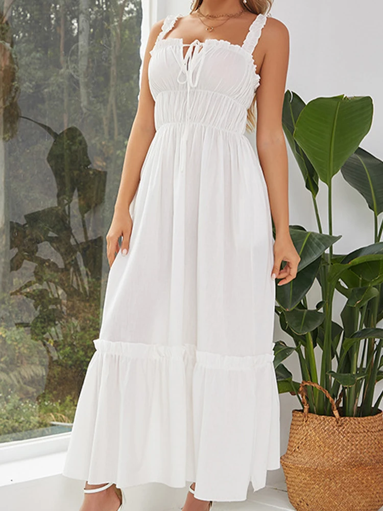 

Летние белые длинные платья для женщин, сексуальное платье с V-образным вырезом, открытыми плечами и открытой спиной, Женские Элегантные повседневные плиссированные платья со шнуровкой и высокой талией