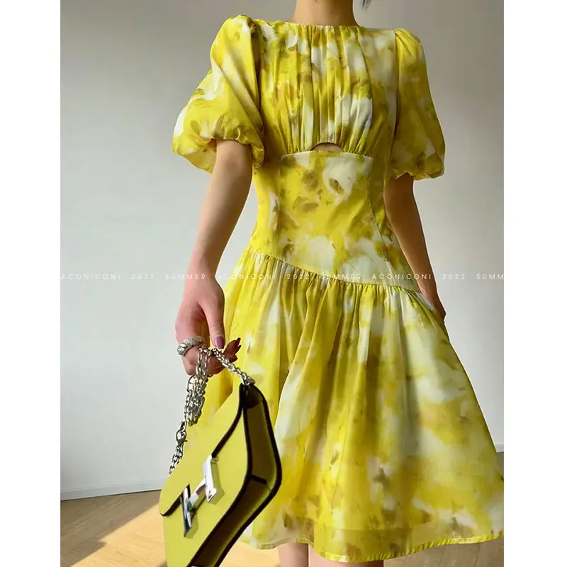 

Summer Yellow Floral Print Party Lantern Sleeve Chiffon Dress New Women High Street Fashion Korean A Line Slim Party Dresses