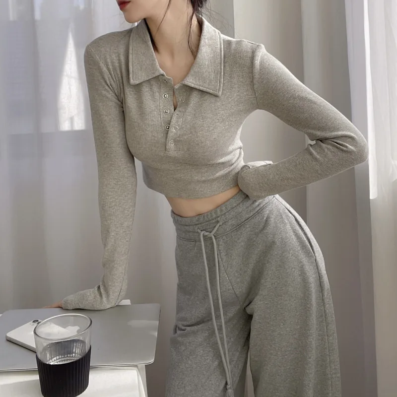 

Polo Collar Women Long Sleeve T-shirts Spring Summer Slim Long Sleeve Cropped T Shirts Sexy Solid Short Tops