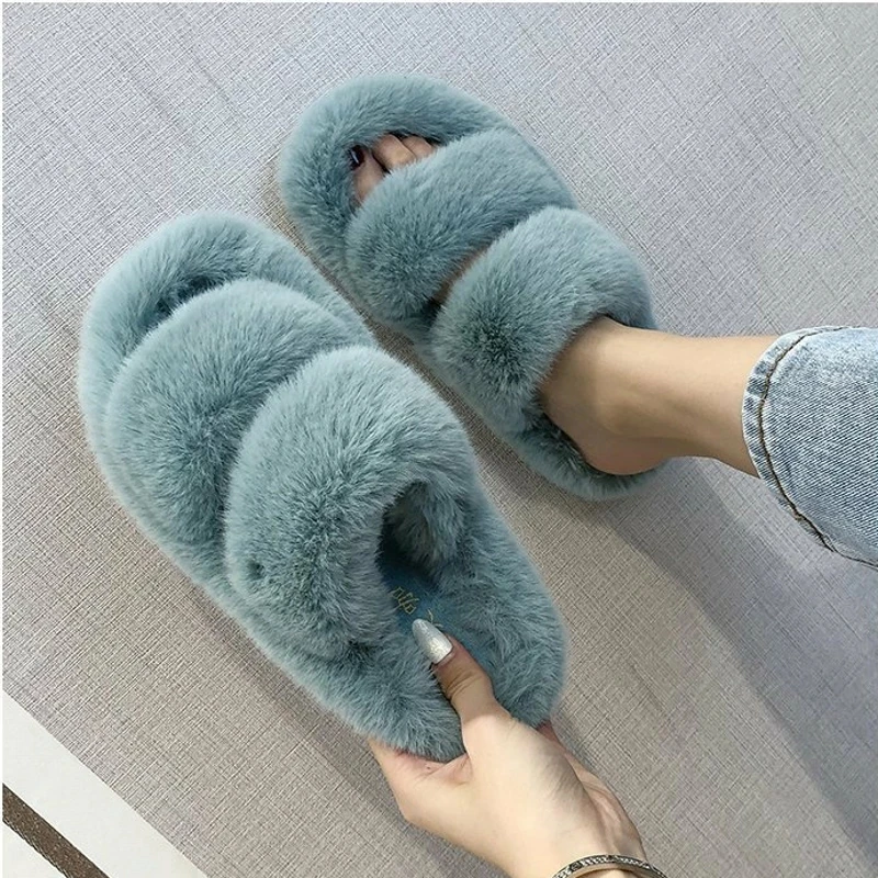 Autumn and Winter New Warm Plush Slippers Female Cute Candy Color Furry Open-toed Drag Outer Wear Fashionable Cotton Slippers