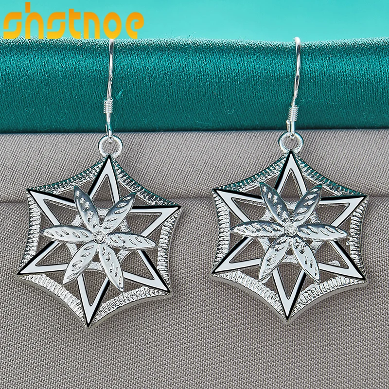 

925 Sterling Silver Six-pointed Star Vintage Pattern Drop Earrings For Women Party Engagement Wedding Gift Fashion Jewelry