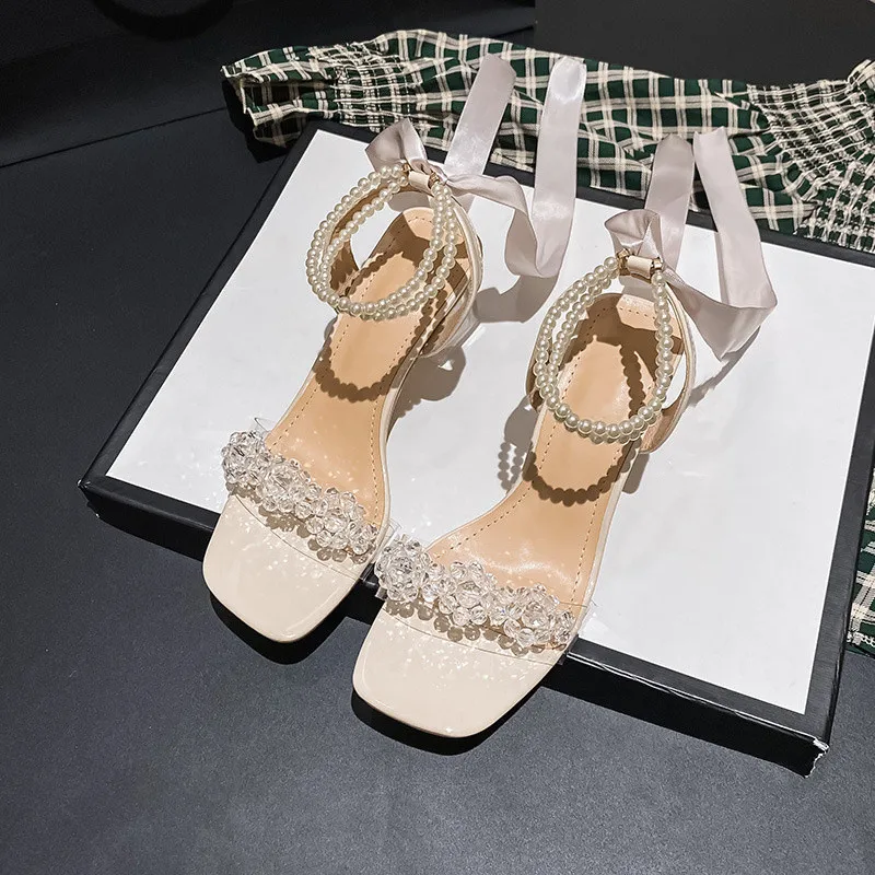 New Peep Toe Women Shoes Square Toe Transparency Square Heel Female Sandals Summer Outdoor Slip-on String Bead Zapatos De Mujer