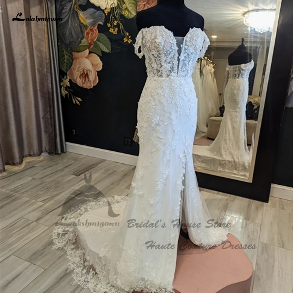 Роскошные кружевные свадебные платья русалки с цветочным принтом и разрезом по