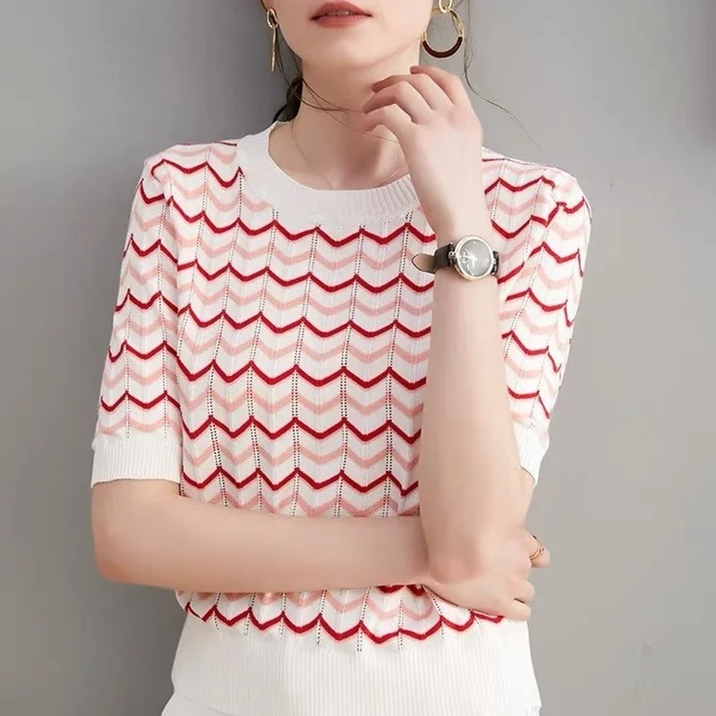 

Striped Short Sleeve Ice Silk Knitted Sweater Women Pullovers Thin Summer 2022 O Neck T-shirt Chic Hollow England Fashion Tops