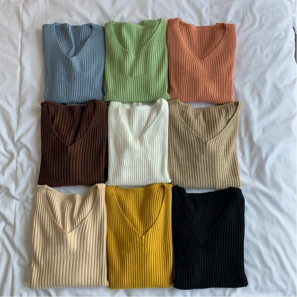 Облегающий пуловер свитер джемпер вязаные топы женский в рубчик с длинным