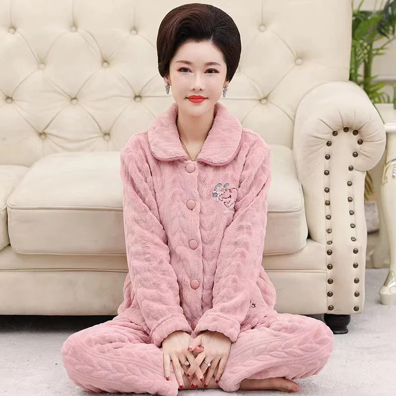 New Pajama Sets Women's Winter Flannel Pyjamas Thick Warm Coral Fleece Pijamas Female Home Clothes For Mom