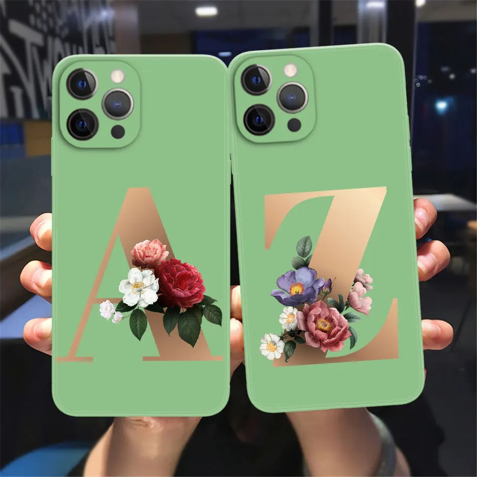 

Fashion Initial Letter A Z Silicon Phone Case For iPhone 11 ProMax 6 7 8plus Xs Retro golden Flower Soft TPU green Back Cover