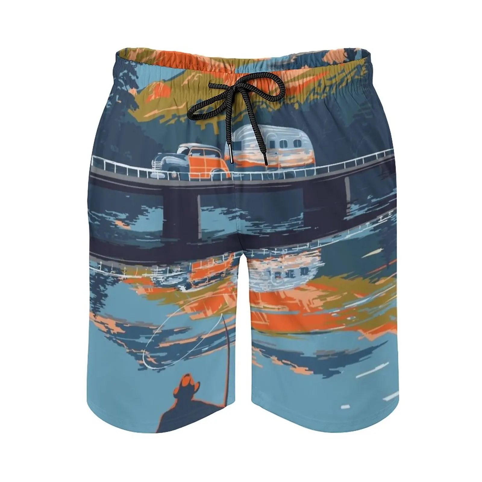 

Retro Airstream Travel Poster Men's Swim Trunks Quick Dry Volley Beach Shorts With Pockets For Men's Airstream Art Retro