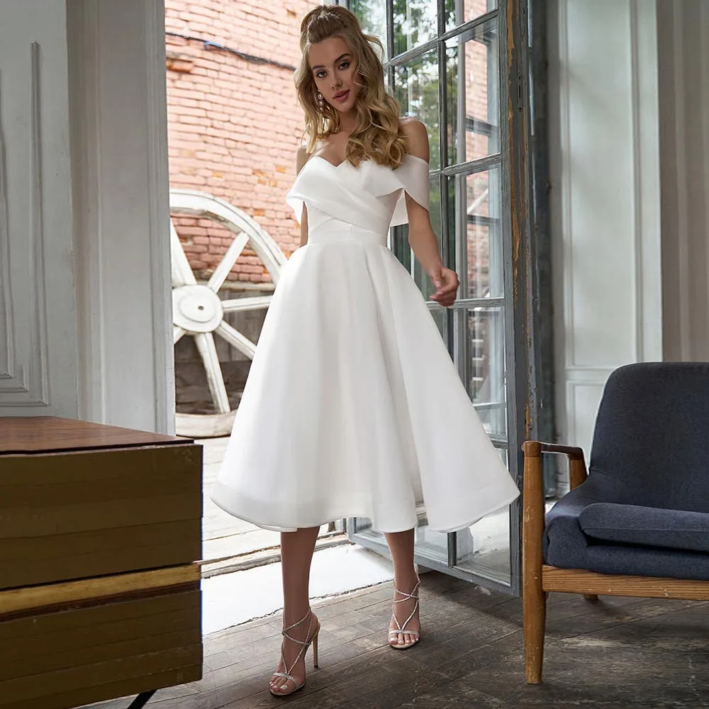 

Charming A Line Organza Wedding Dresses Off The Shoulder Mid-Calf Bridal Gowns Simple Robe De Mariée Civil Wedding Dress