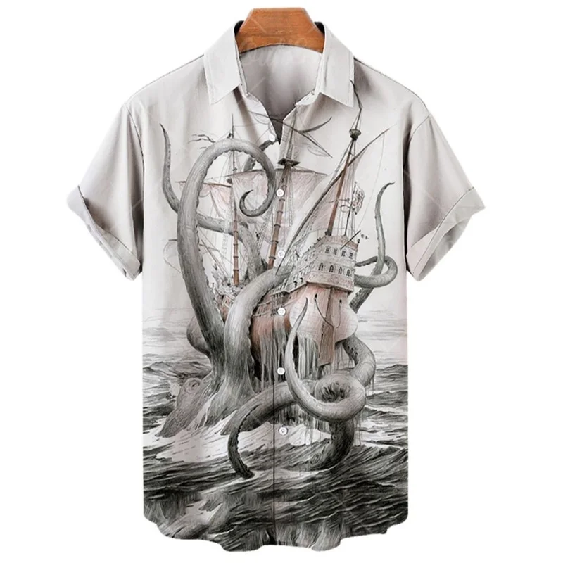 

Pirates Of The Caribbean David Jones Octopus 3D Anchor Print Men's Shirt Summer Fashion Casual Everyday Street Hawaiian Top
