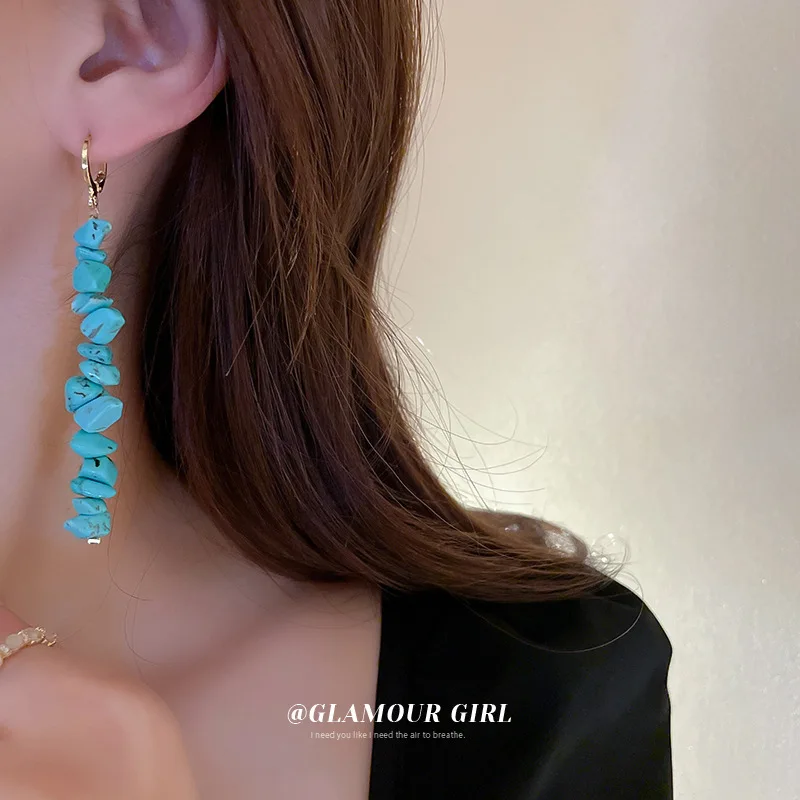 

2022 New Blue Stone Tassel Ear Clip Bohemian Long Earrings for Women Vintage Colorful Geometric Drop Dangle Earrings Jewelry