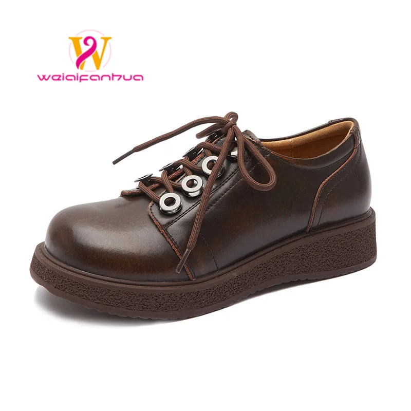 

Women Loafers Shoes Genuine Leather 2023Thick Heels Student Shoes Female Lace Up British Style Lady Oxford Shoes Footwear Heels