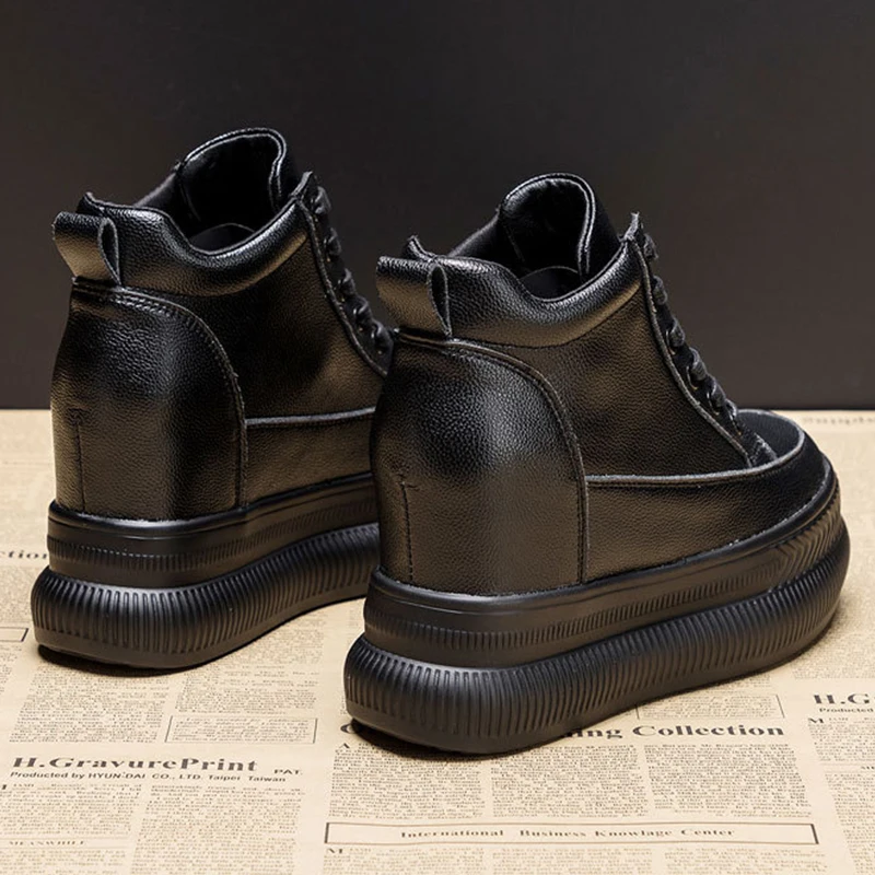 9cm Genuine Leather Platform Wedge Sneakers Hidden Heel Super High Motorcycle Ankle Boots Autumn Plush Women Shoes
