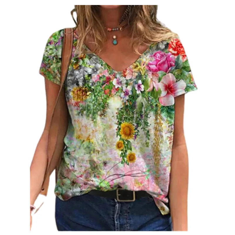 Женская футболка с коротким рукавом V-образным вырезом и 3D цветочным принтом