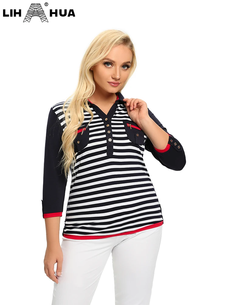 Женская Трехцветная рубашка LIH HUA весенний хлопковый топ в полоску с рукавом 3/4