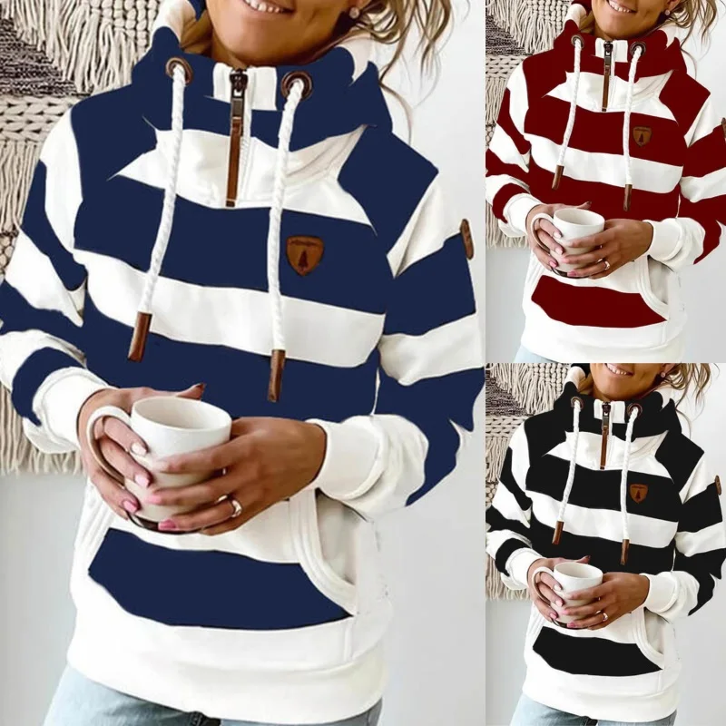 

2021 Spring New Stripe Hoodies Sweatshirt Hoodie Top Women Clothes Pocket Zipper Long Sleeve Hoodies Tops Female Thick Outwear
